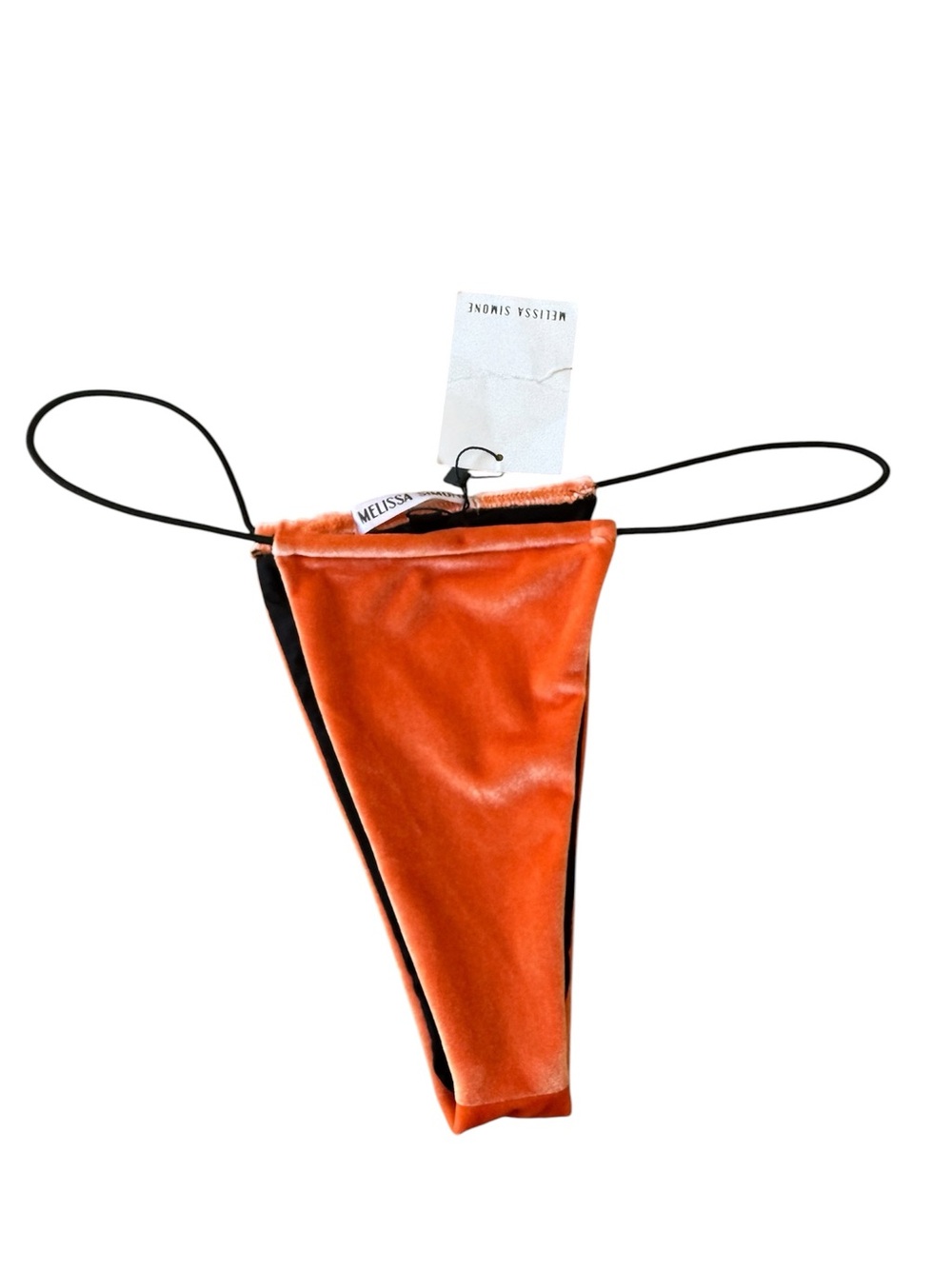 Melissa Simone Orange Velvet Thong Bikini Bottom with Black Straps NWT Size L.